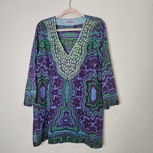 Robert Graham Womens XL Purple Green Geometric Floral Embellished Cotton Tunic